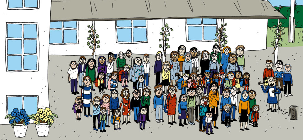 Illustrasjon av skolebarn i skolegården fra Anna Fiskes "Hvordan begynner man på skolen"