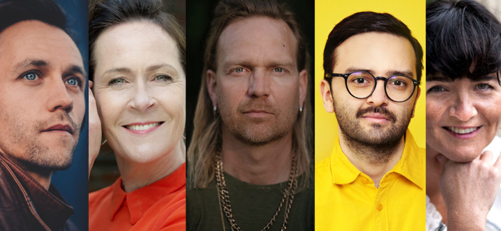 Kollasj av Sondre Lerche, Vigdis Hjorth, Aslak Hartberg, Bruno Jovanovic og Siri M. Kvamme