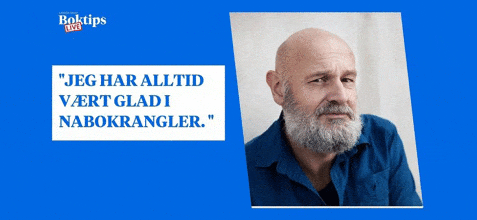 Plakat med foto av Erlend Loe sammen med et sitat fra intervju på Boktips LIVE