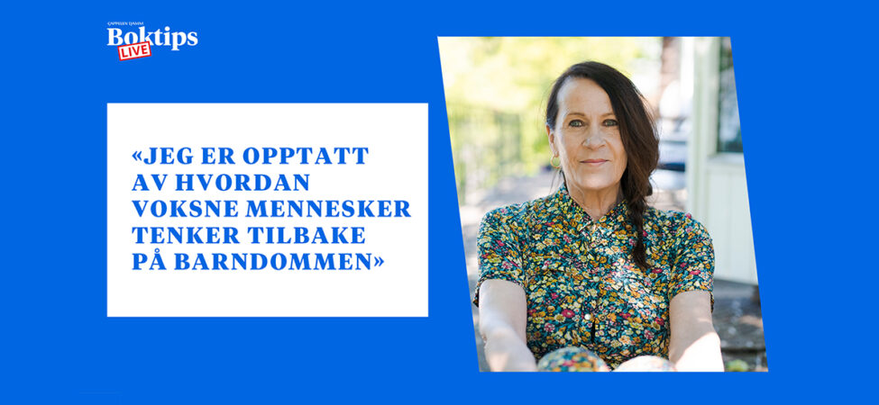 Plakat til video hvor Vigdis Hjorth gjester Boktips Live. Foto av Hjorth og tekstplakat sammen.
